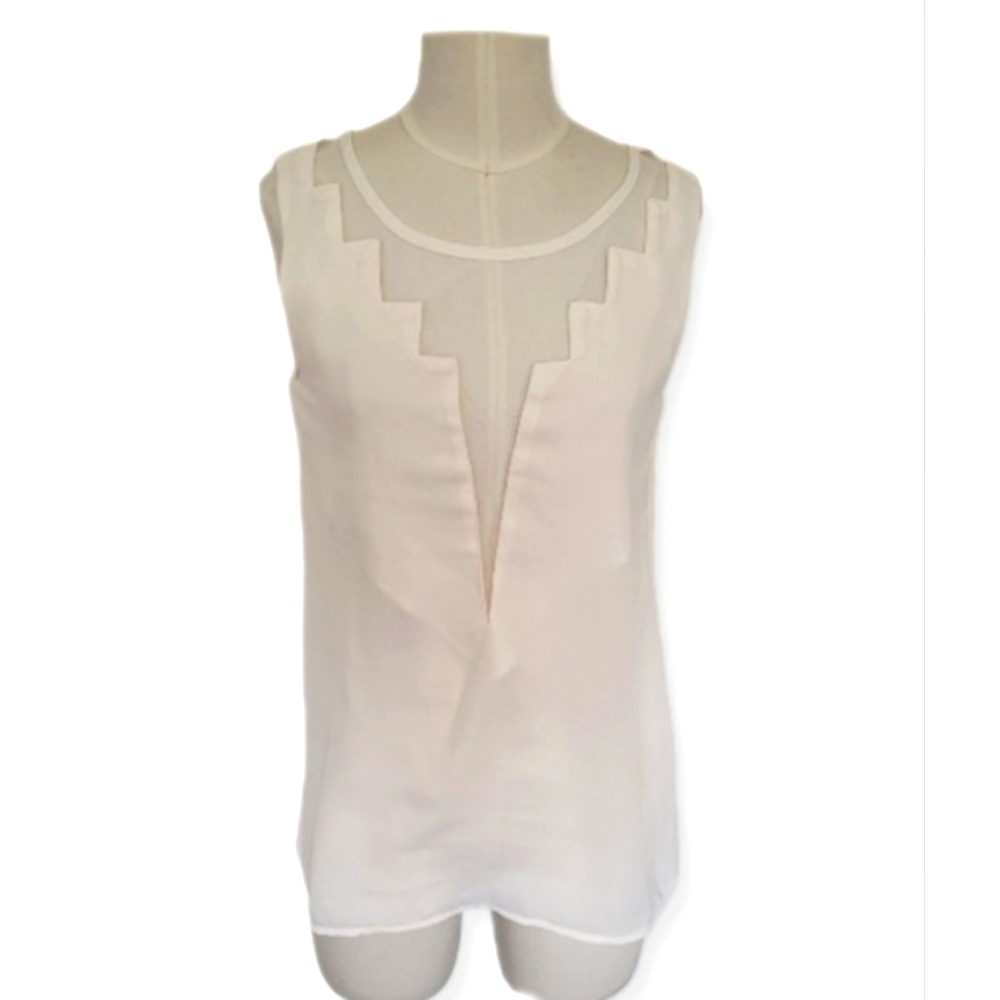 Tobi Blouse Ivory Off White Chiffon Sleeveless Mesh Front Detail Tank To…